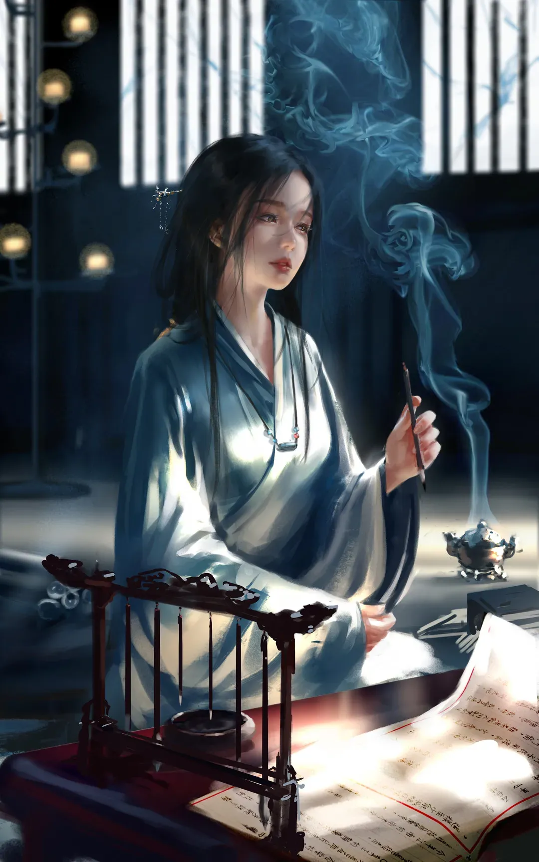 WLOP鬼刀幻想角色设定作品整理 白色古风服饰人物与烟雾背景的幻想插画场景