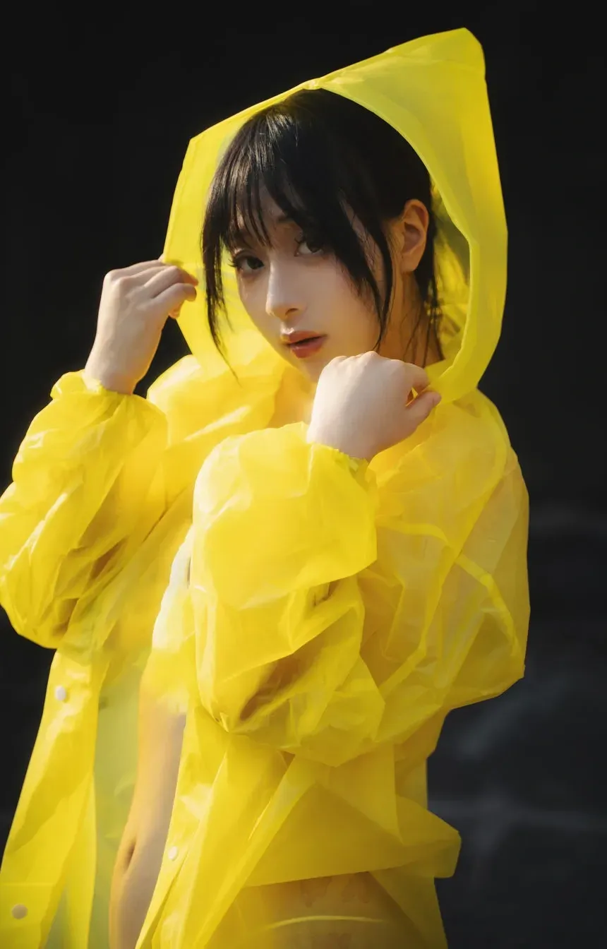浅安安Yuki角色扮演与日常服装风格专题作品参考 人物穿明黄色连帽雨衣，双手靠近帽沿和领口，深色背景下侧身面对镜头