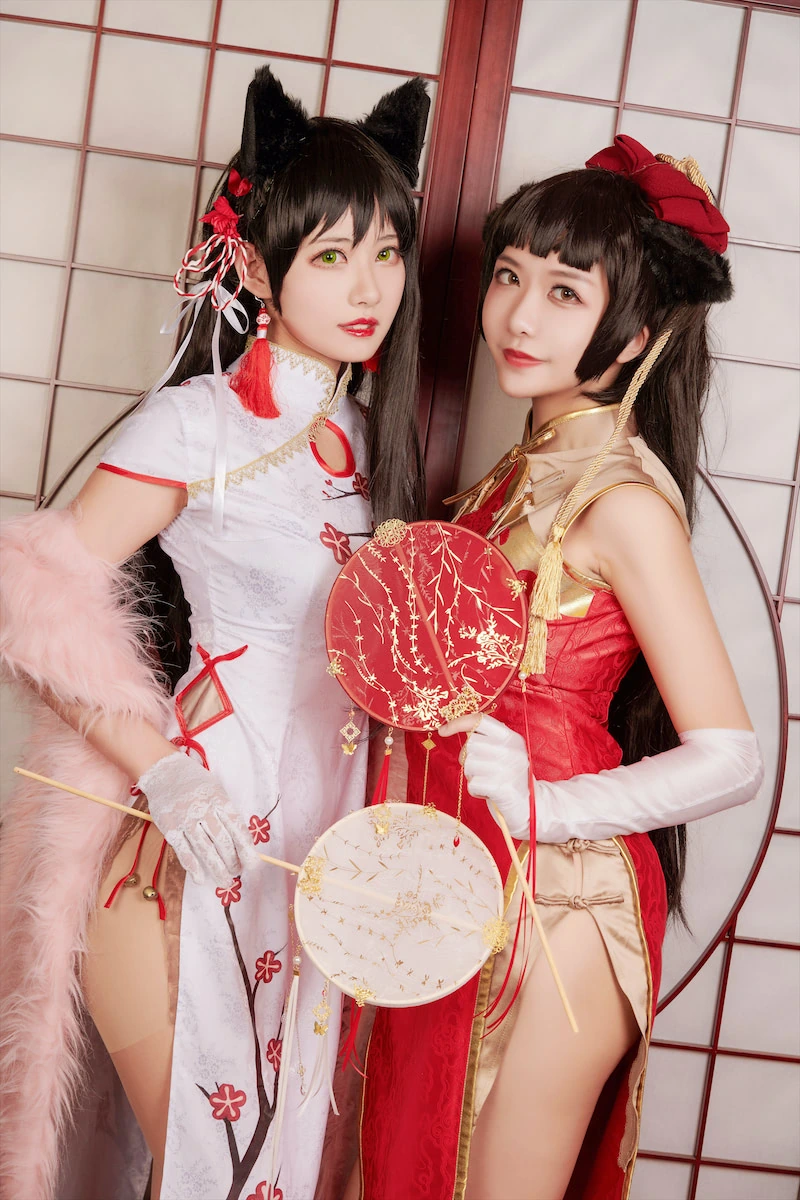 源纱希喵喵喵cosplay角色风格作品整理 双人东方风格服装角色扮演红白配色造型照片